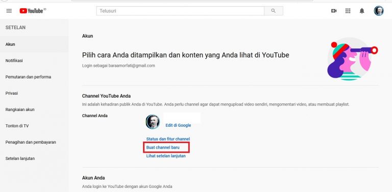 Buat channel baru untuk youtube