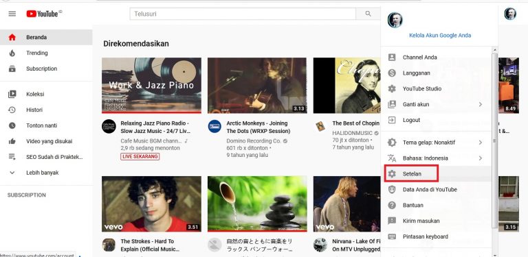 Masuk Setelan untuk Youtube