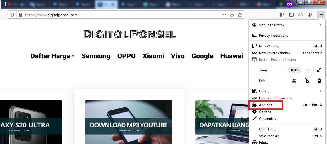 Menu Add-ons firefox
