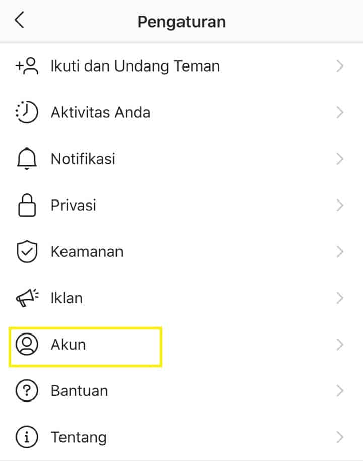 Pilih di akun pengaturan Akun di Instagram