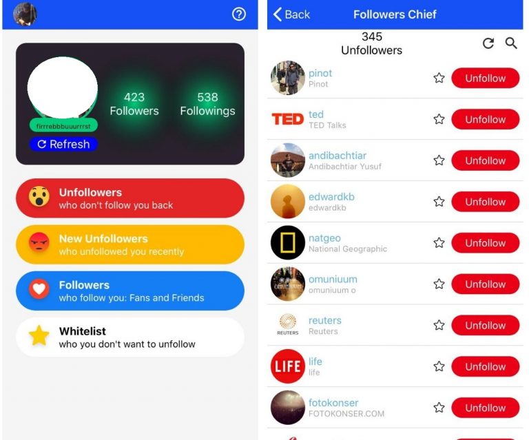 Unfollow Instagram menggunakan aplikasi Chief followers