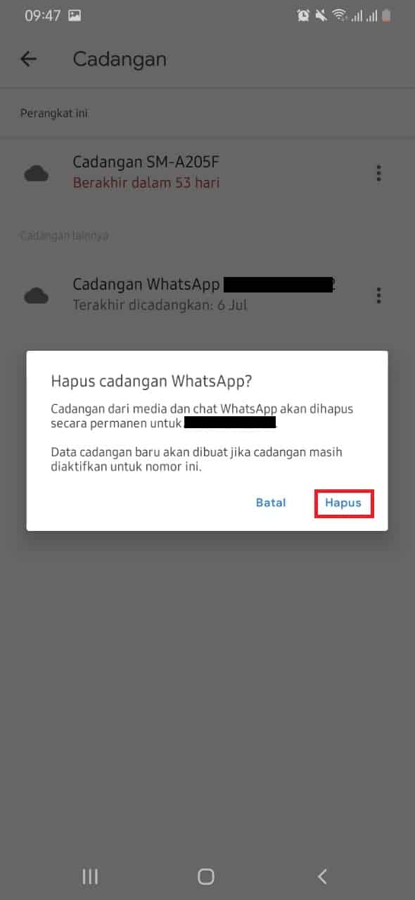 hapus cadangan chat wa di gogel drive